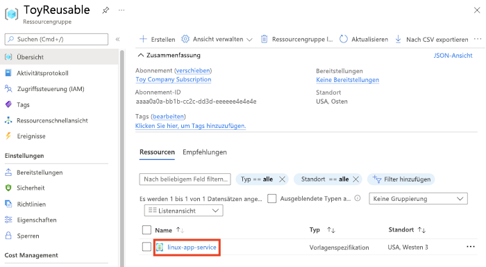 Screenshot des Azure-Portals: Ressourcengruppe mit hervorgehobenen Vorlagenspezifikationen