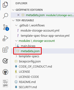 Screenshot: Visual Studio Code mit Anzeige des Speicherorts der Datei „metadata.json“