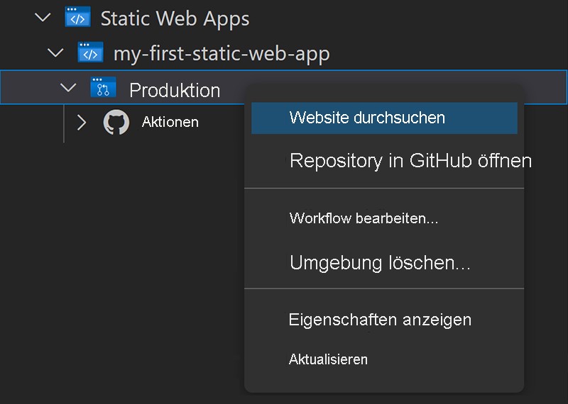 Screenshot showing how to use the Visual Studio Code extension to browse the static web app.