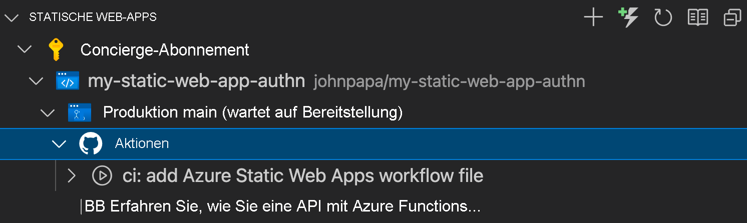 Screenshot des GitHub Actions-Menüs in VS Code