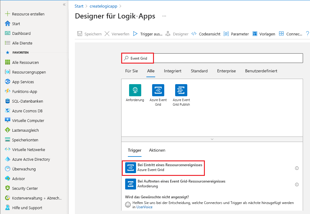 Screenshot der Auswahl zum Hinzufügen eines Event Grid-Triggers