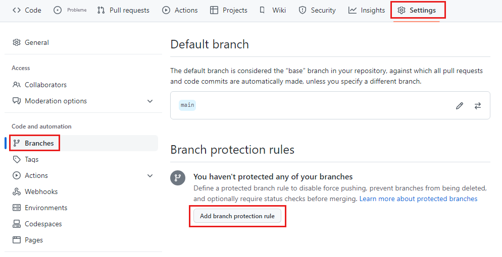 Screenshot: Seite zum Hinzufügen von Branchschutzregeln in GitHub, mit hervorgehobener Schaltfläche zum Hinzufügen einer Regel