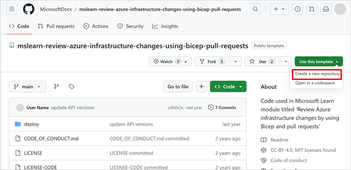 Screenshot: GitHub-Benutzeroberfläche mit dem Vorlagenrepository und hervorgehobener Schaltfläche zur Verwendung der aktuellen Vorlage