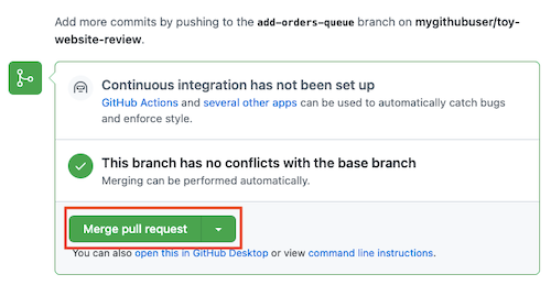 Screenshot von GitHub: Pull Request mit hervorgehobener Schaltfläche zum Mergen