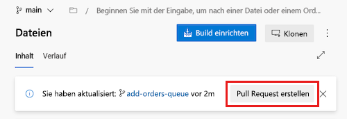 Screenshot von Azure DevOps: Dateiliste des Repositorys, einschließlich eines Banners zum Erstellen eines Pull Requests