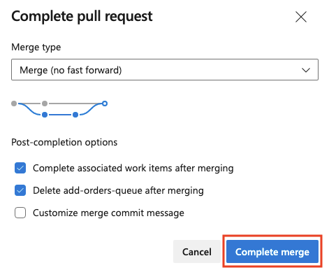 Screenshot von Azure DevOps: Panel zum Abschließen von Pull Requests mit hervorgehobener Schaltfläche zum Abschließen eines Merges