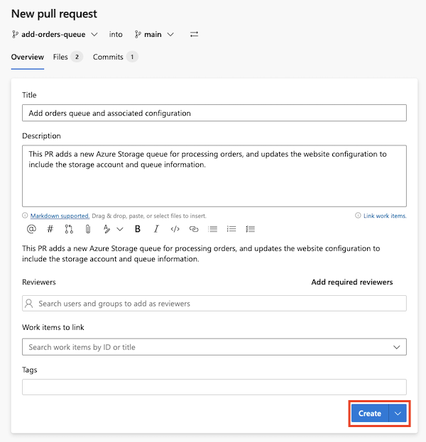 Screenshot von Azure DevOps: Seite zur Erstellung von Pull Requests mit hervorgehobener Schaltfläche zum Erstellen eines Pull Requests