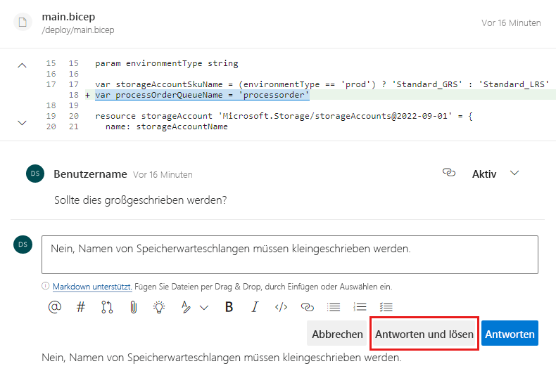 Screenshot von Azure DevOps: Antwort auf einen Kommentar mit hervorgehobener Schaltfläche zum Antworten und Auflösen