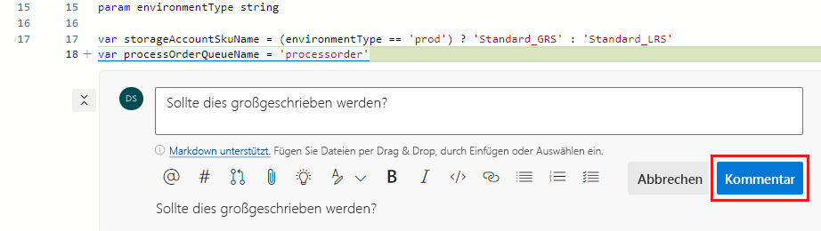 Screenshot von Azure DevOps: Kommentarfeld mit hervorgehobener Schaltfläche „Kommentar“