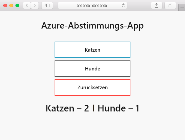 Screenshot that shows the Azure voting application with two choices in a browser. Cats and Dogs.