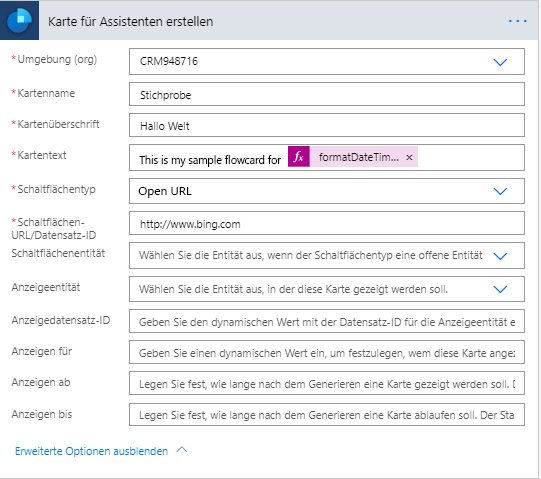 „Karte für Assistenten erstellen“ wird mit allen erforderlichen ausgefüllten Spalten und mehreren erweiterten Optionen angezeigt.