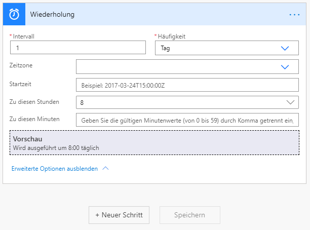 Wiederholungseinstellungen, bei denen „Intervall“ auf 1 und „Häufigkeit“ auf „Tag“ festgelegt ist. Die Vorschau wird täglich um 8:00 Uhr ausgeführt.