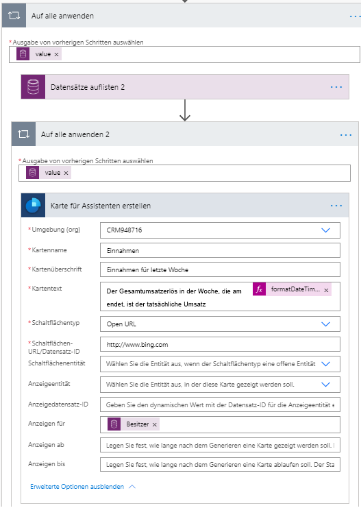 „Auf alle anwenden“ mit der Aktion „Datensätze auflisten“ und anschließend „Auf alle anwenden 2“ mit der Aktion „Karte für Assistenten erstellen“.