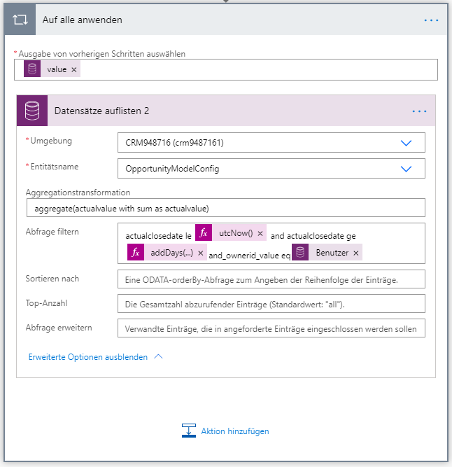 Die Filterabfrage ist auf „actualclosedate le utcNow()“ und „actualclosedate ge addDays(...)“ und „_ownerid_value eq User“ festgelegt.