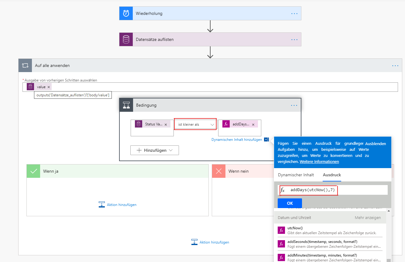 Die Abschlussbedingung ist auf kleiner oder gleich festgelegt, und „addDays(utcNow(),7)“ befindet sich auf der Registerkarte „Ausdruck“ für dynamischen Inhalt.