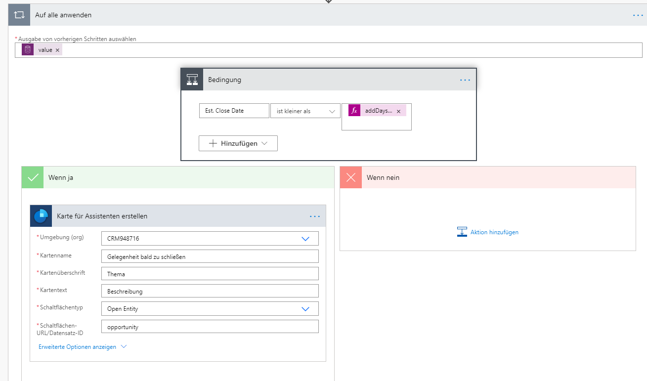„Karte für Assistent 2 erstellen“ ist die Aktion für die Bedingung „Wenn ja“.