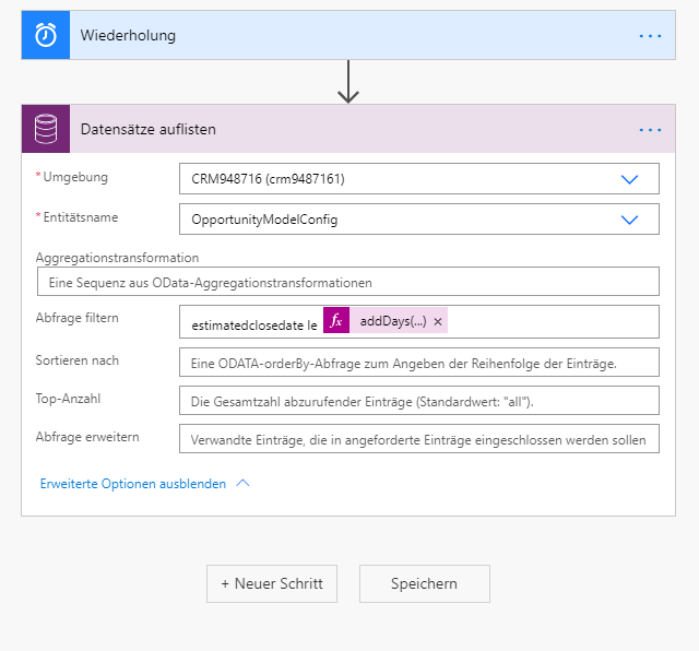 Die Filterabfrage ist eingestellt auf „estimatedclosedate le addDays(...)“.