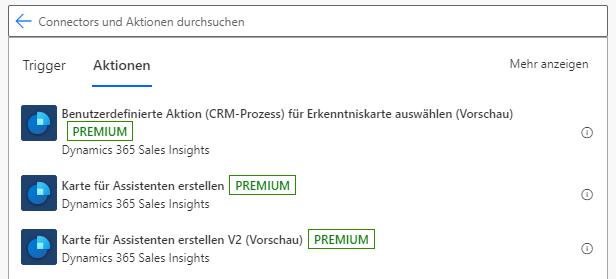 Dynamics 365 Sales Insights auf der Registerkarte „Aktionen“ der Suche mit einer Vorschau der benutzerdefinierten Aktionen