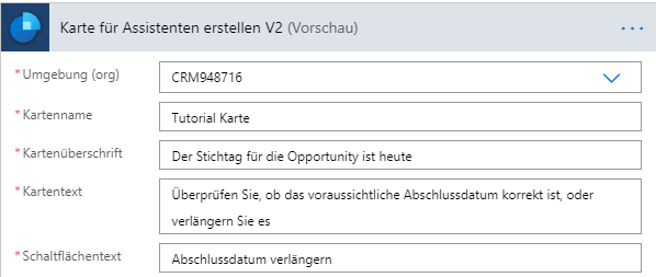 Unter „Karte für Assistenten V2 erstellen“ wird die Umgebung auf „TestOrg“ gesetzt und andere erforderliche Spalten werden ausgefüllt.