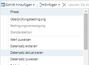 Im Menü „Schritt hinzufügen“ ist „Datensatz aktualisieren“ ausgewählt.