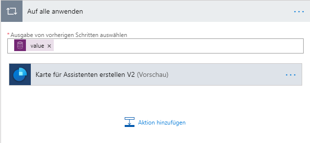 Wählen Sie „Aktion hinzufügen“ unter „Karte für Assistent V2 erstellen“ aus.