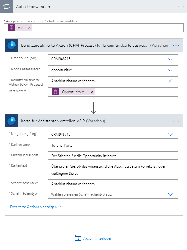 Fügen Sie „Karte für Assistent V2 erstellen“ unter „Benutzerdefinierte Aktion (CRM-Prozess) für eine Erkenntniskarte auswählen“ hinzu.