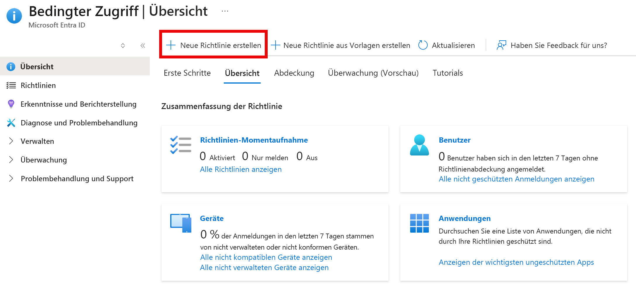 Screenshot: Schaltfläche „Neue Richtlinie“ im Azure-Portal