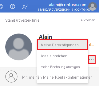 Screenshot des Benutzermenüs mit dem hervorgehobenen Bereich „Meine Berechtigungen“.