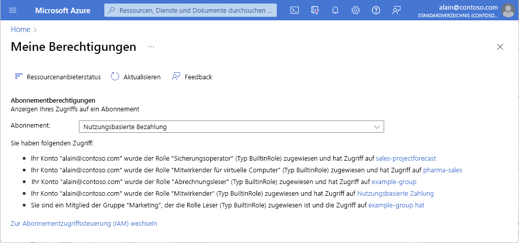 Screenshot des Bereichs „Meine Berechtigungen“.