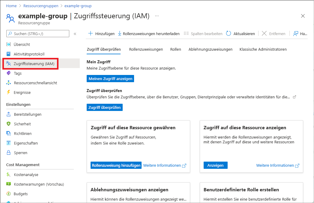 Screenshot: Option „Zugriffssteuerung (IAM)“ im Bereich „Ressourcengruppe“.