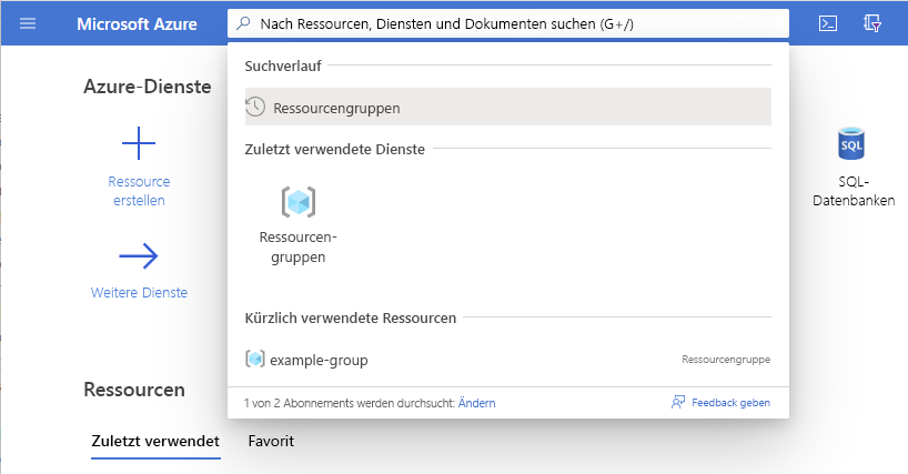 Screenshot des Azure-Portals mit der Suche nach Ressourcengruppen