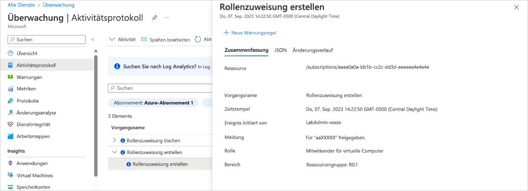 Screenshot showing the details for an activity log.