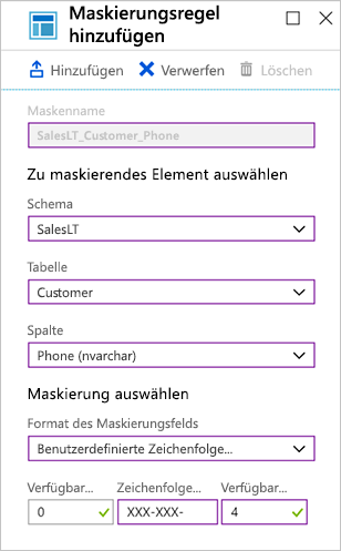 Screenshot des Azure-Portals mit den Werten zum Hinzufügen einer Maskierungsregel