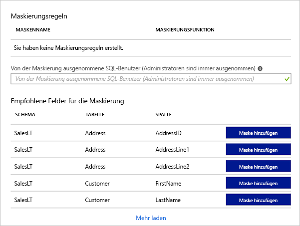 Screenshot des Azure-Portals, auf dem eine Liste der empfohlenen Masken für die verschiedenen Spalten einer Beispieldatenbank dargestellt wird.