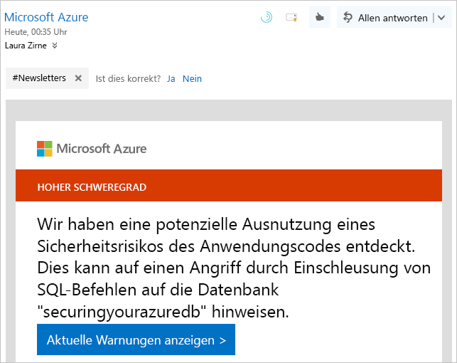 Screenshot: Beispiel einer Warnungsbenachrichtigung von Microsoft Defender for Cloud.