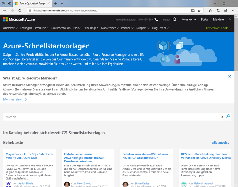 Screenshot mit Azure-Vorlagen.