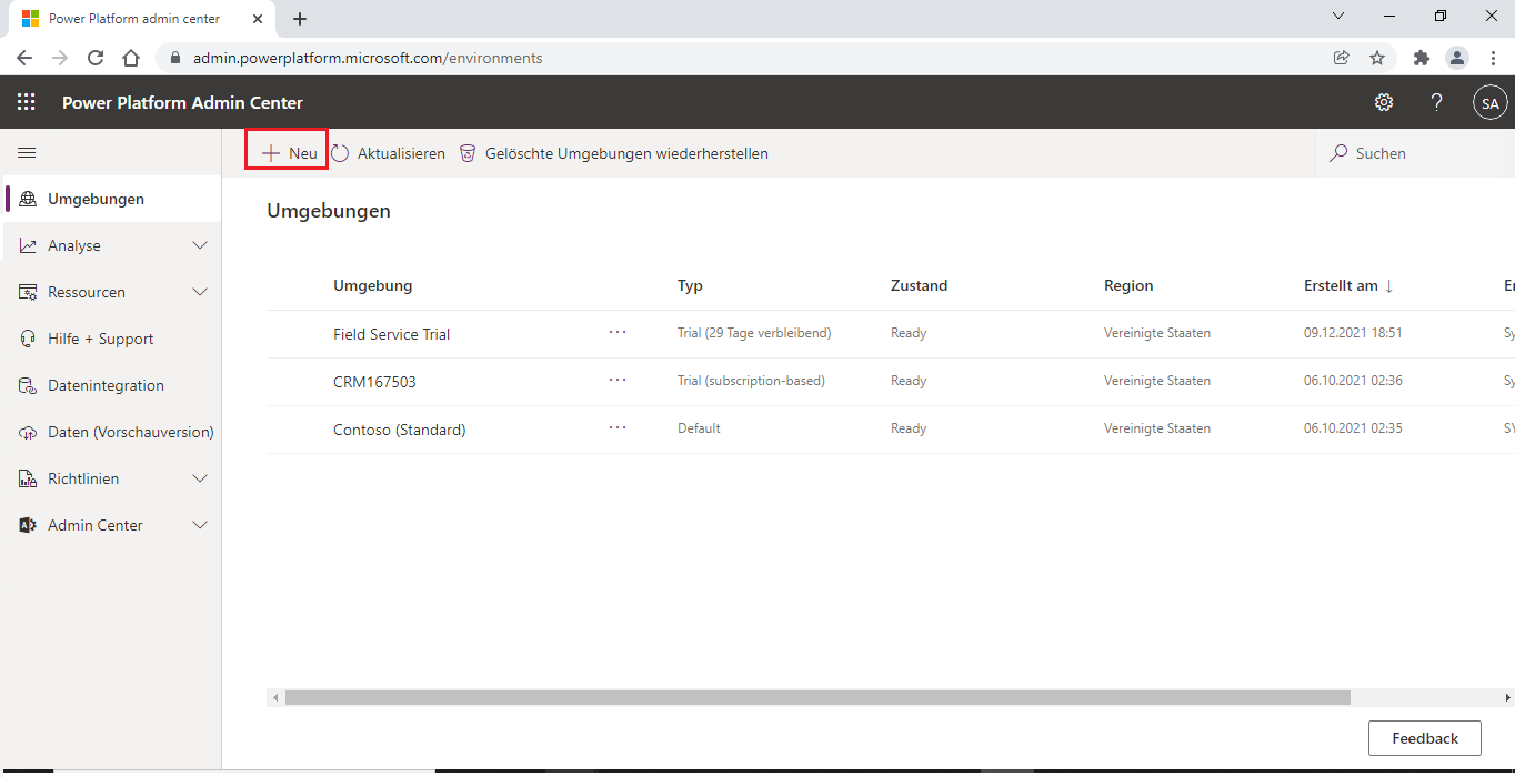 Screenshot des Microsoft Power Platform Admin Center mit hervorgehobener Schaltfläche „Neu“