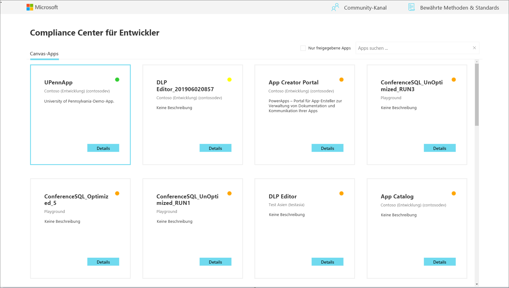 Screenshot des COE Development Compliance Centers