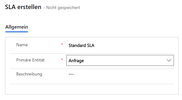 Screenshot des neuen SLA-Dialogfelds mit dem benannten Standard-SLA