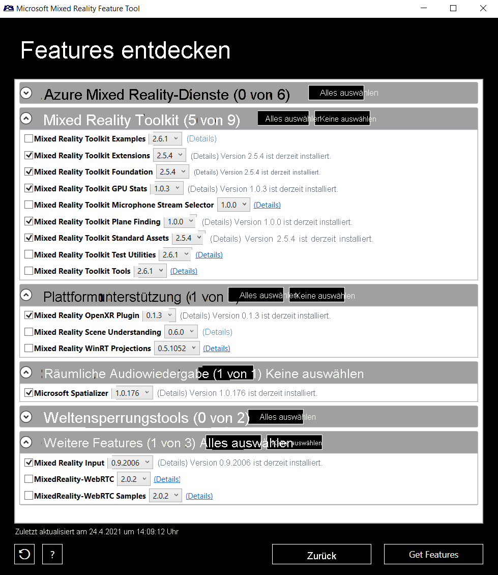 Screenshot of the Mixed Reality Feature Tool discover features window.