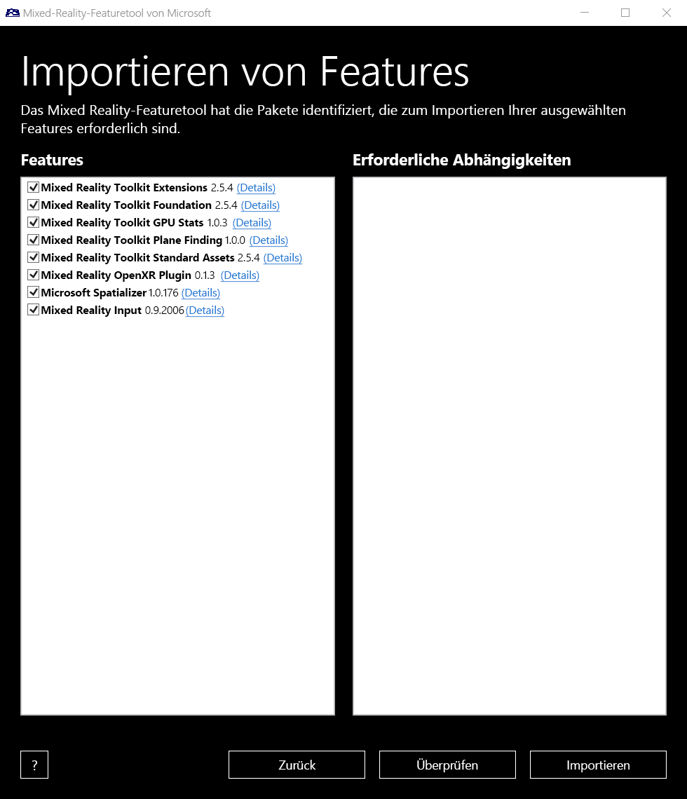 Screenshot of the Mixed Reality Feature Tool import features window.