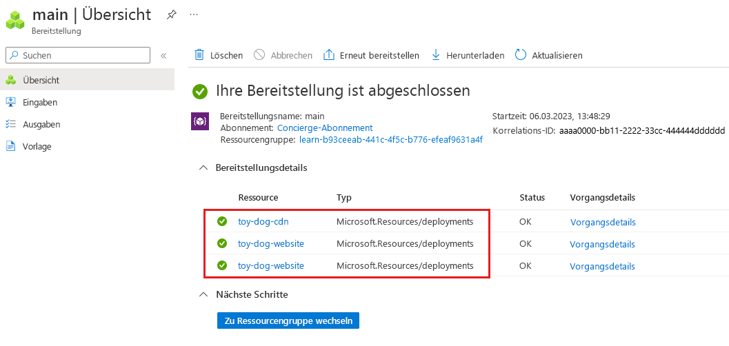 Screenshot of the Azure portal that shows the details of the main deployment.