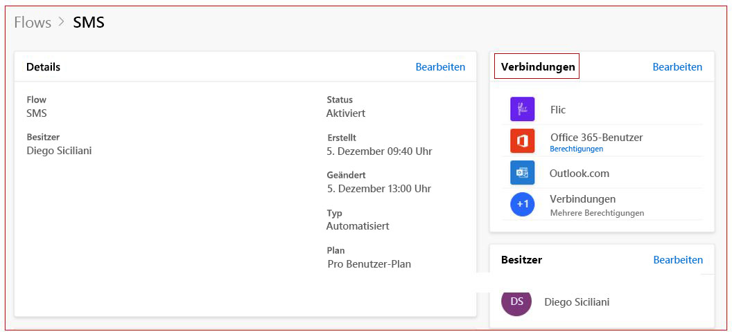 Screenshot des Flows > SMS-Bildschirm mit hervorgehobenen Verbindungen