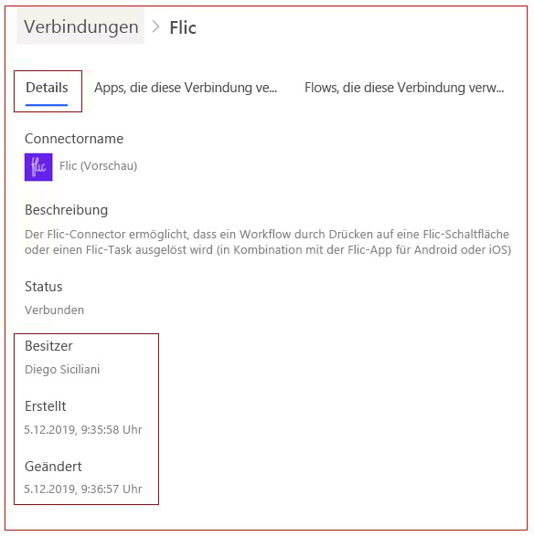 Screenshot der Registerkarte „Flowverbindungsdetails“
