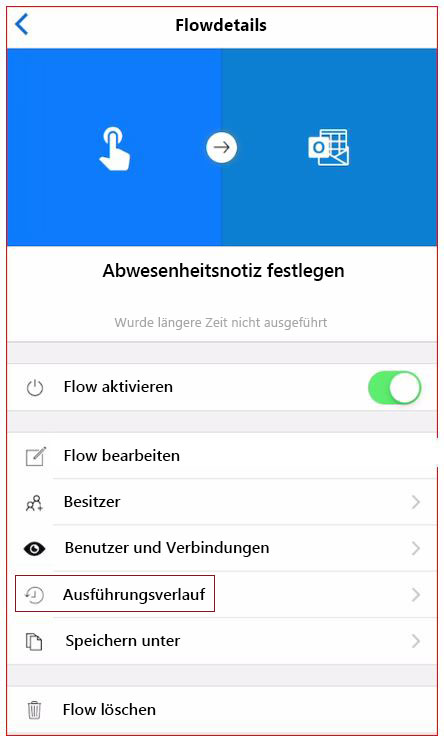 Mobiler Screenshot des Bildschirms mit den Flowdetails mit hervorgehobenem Ausführungsverlauf