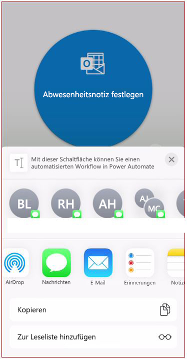 Mobiler Screenshot der Optionen „Schaltflächenlink teilen“