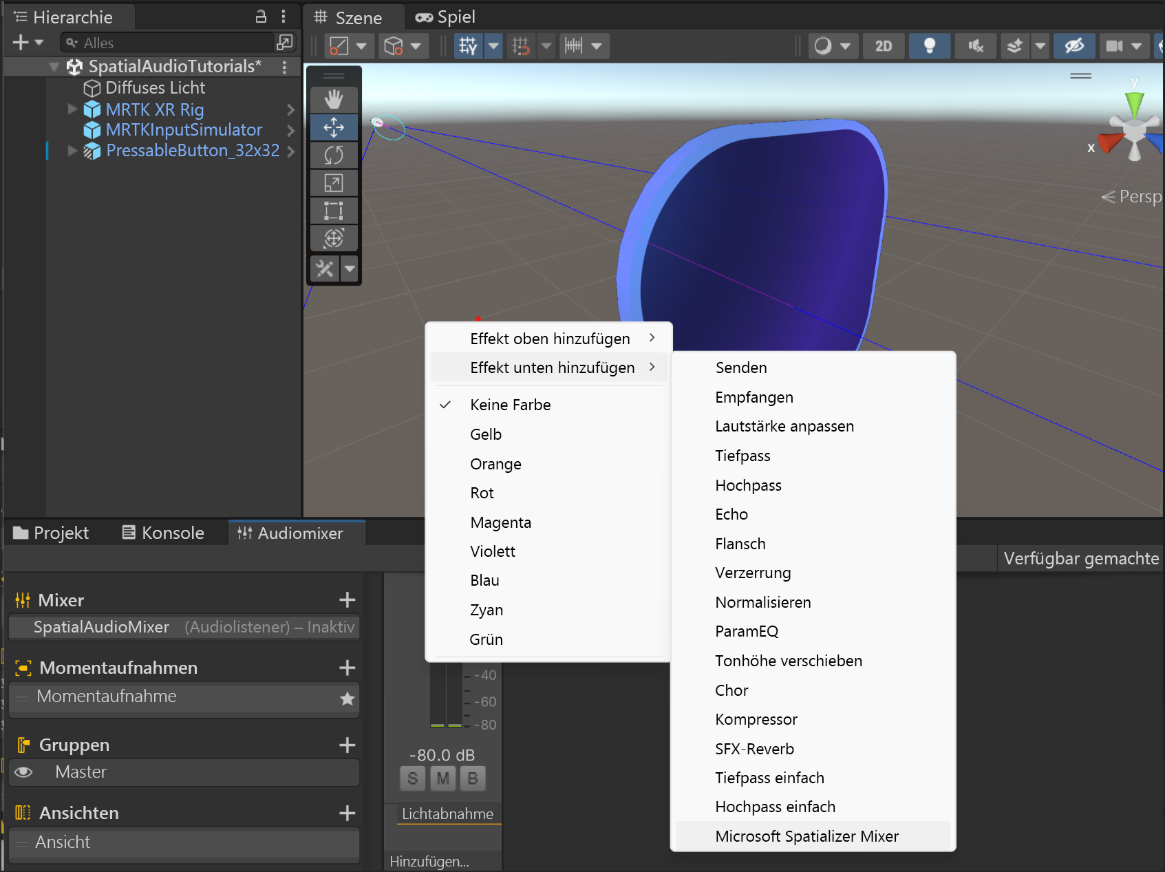 Screenshot of the Mixer panel: adding effect to first mixer.