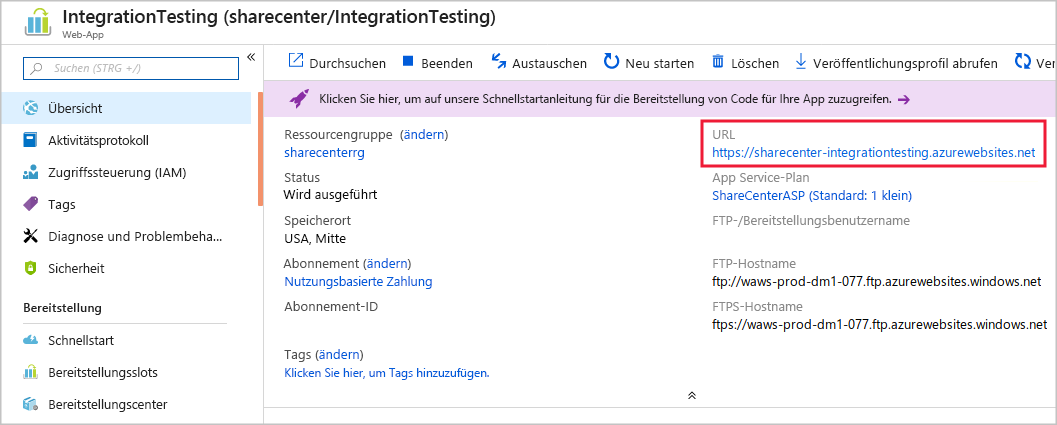 Screenshot of finding the URL for a new slot in the Azure portal.