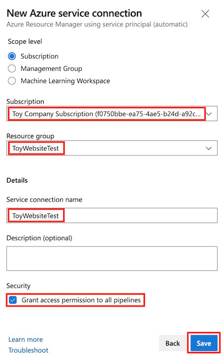 Screenshot of Azure DevOps that shows the details completed for creating a service connection, with the Save button highlighted.