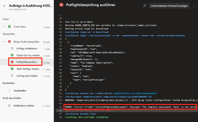 Screenshot of the pipeline log for the Validate stage, with the step for running preflight validation highlighted.